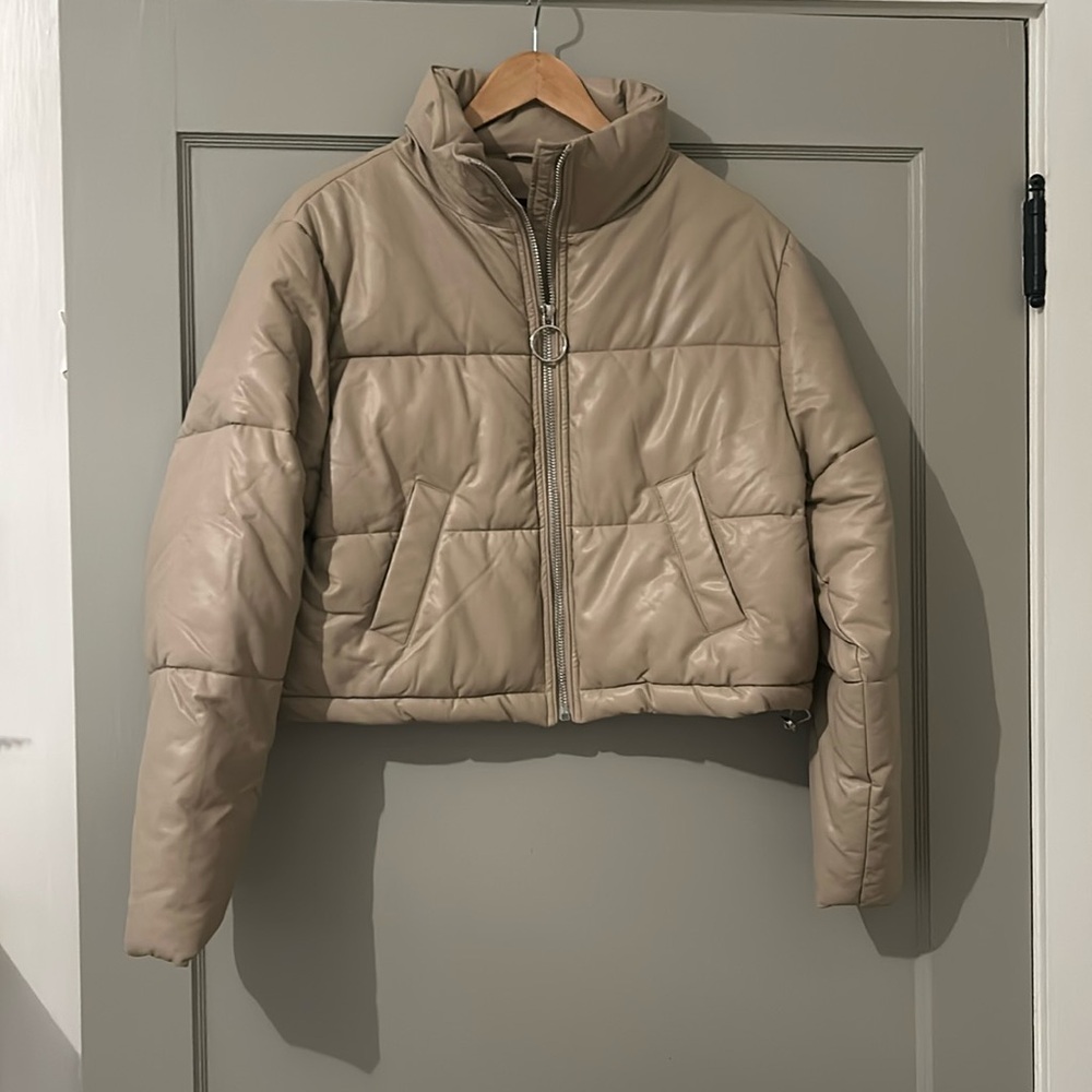 Sweet Habit Pleather Tan Puffer Jacket